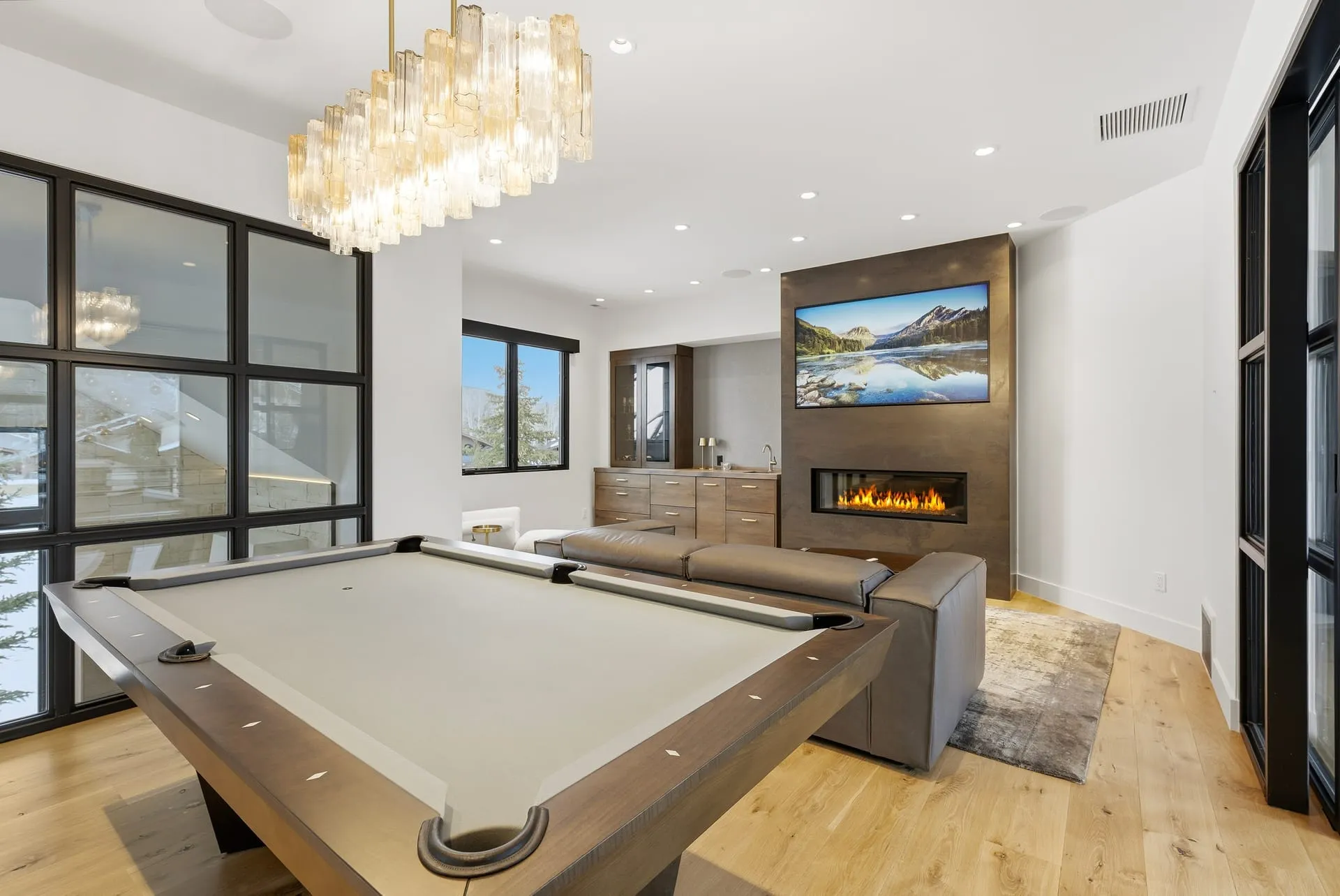 Game room crystal chandelier pool