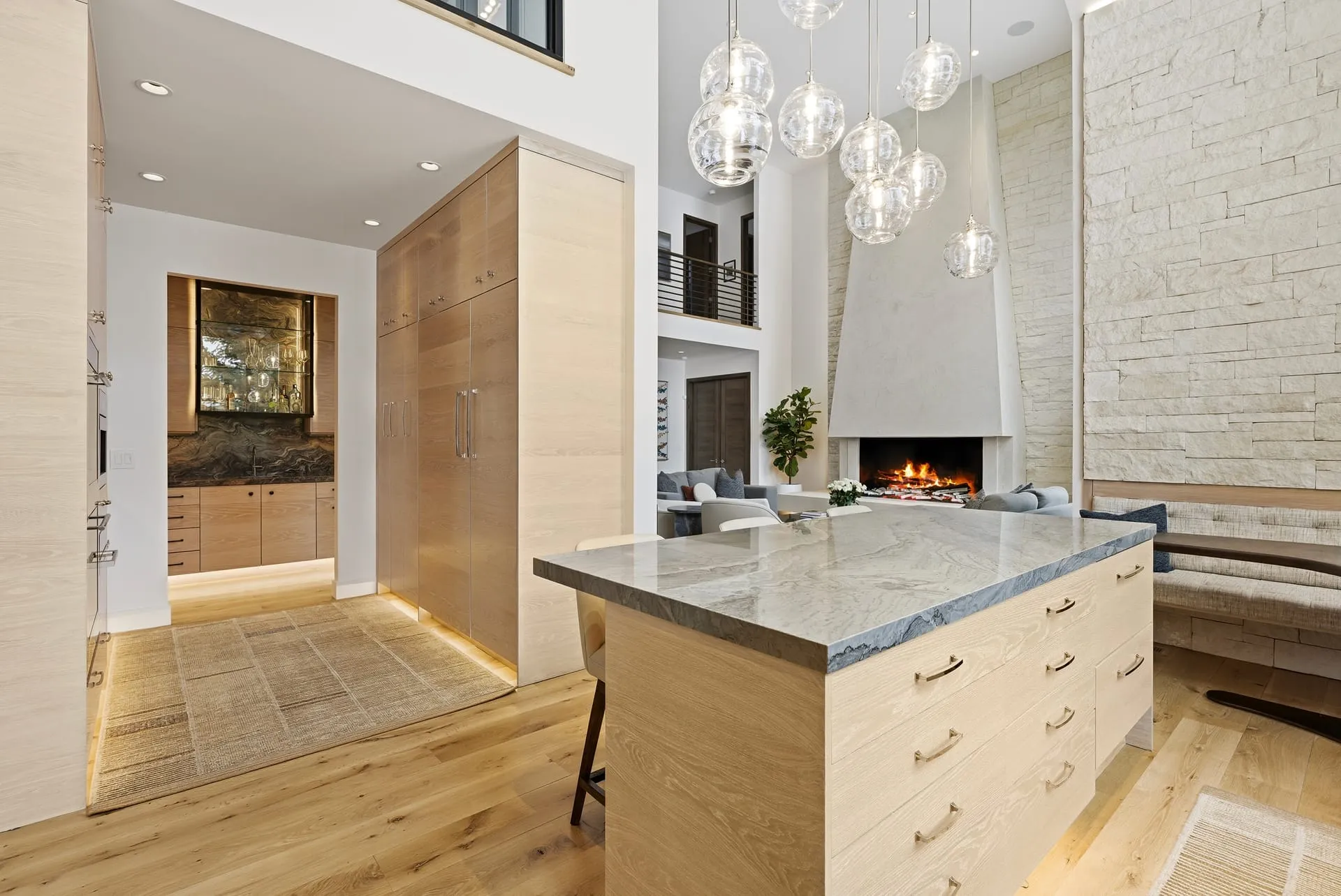 Kitchen cluster pendants fireplace