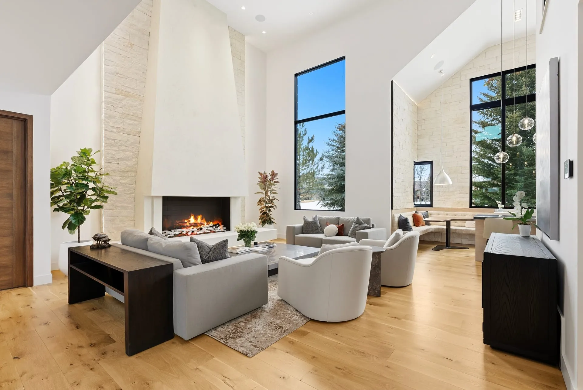Living room stone fireplace
