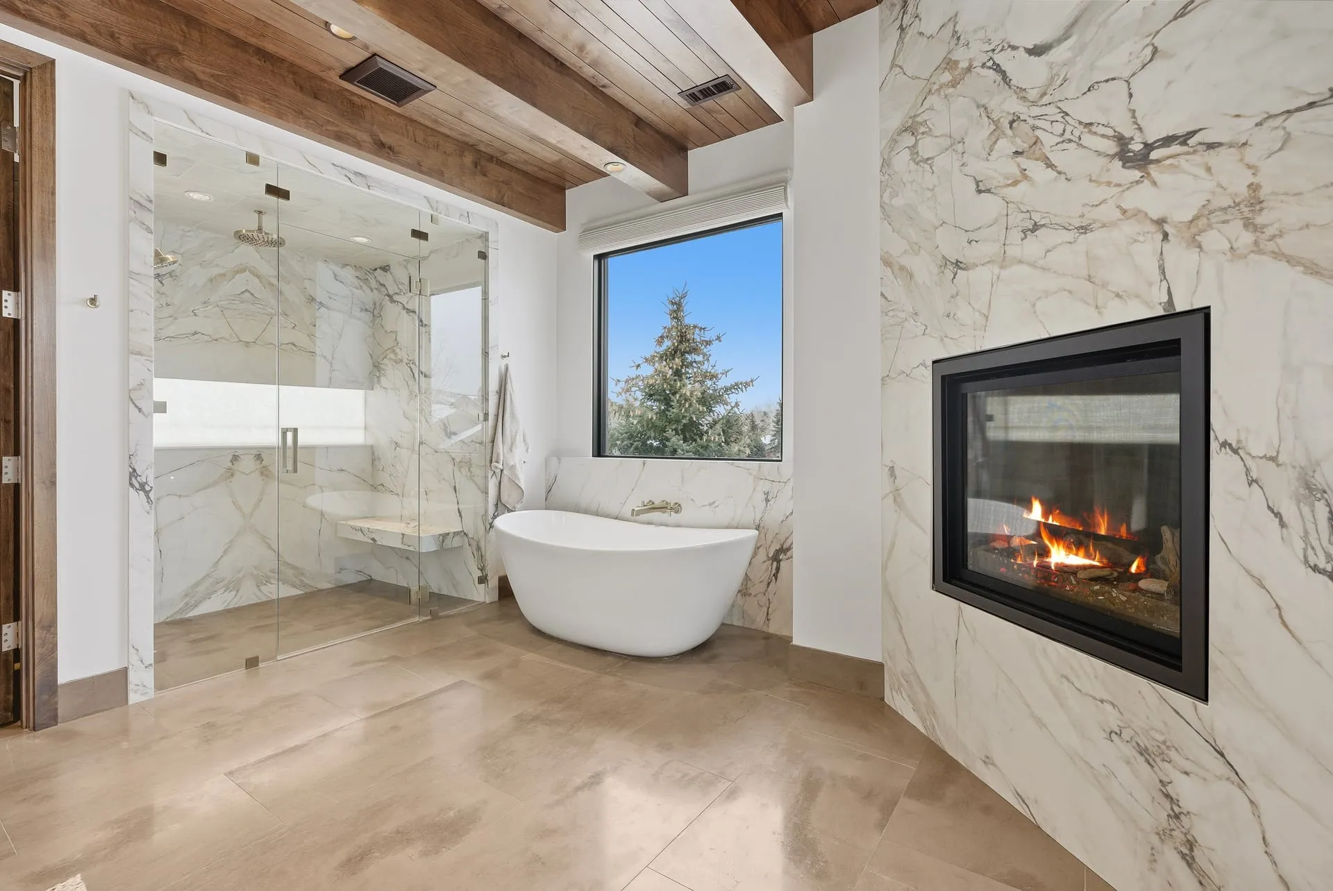 Master bath tub double fireplace