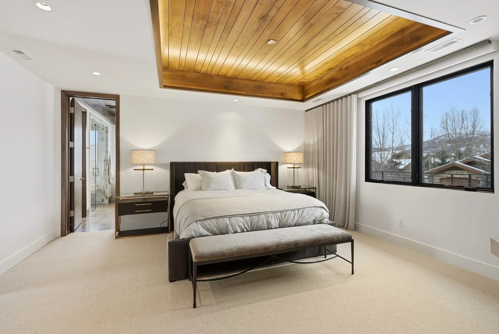Master bedroom wood tray ceiling