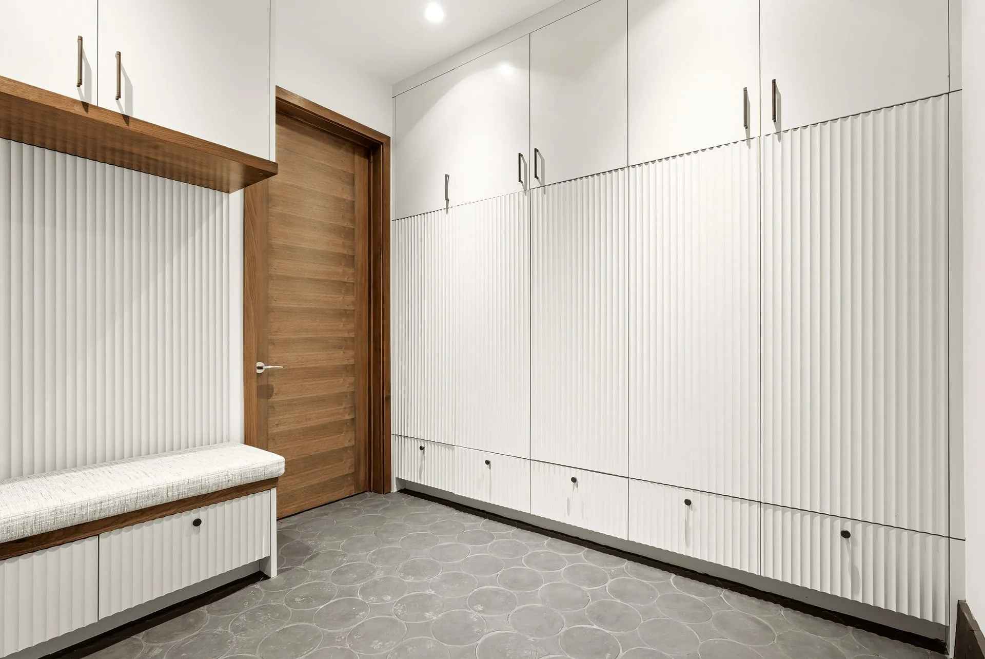 Mudroom fluted cabinets bench