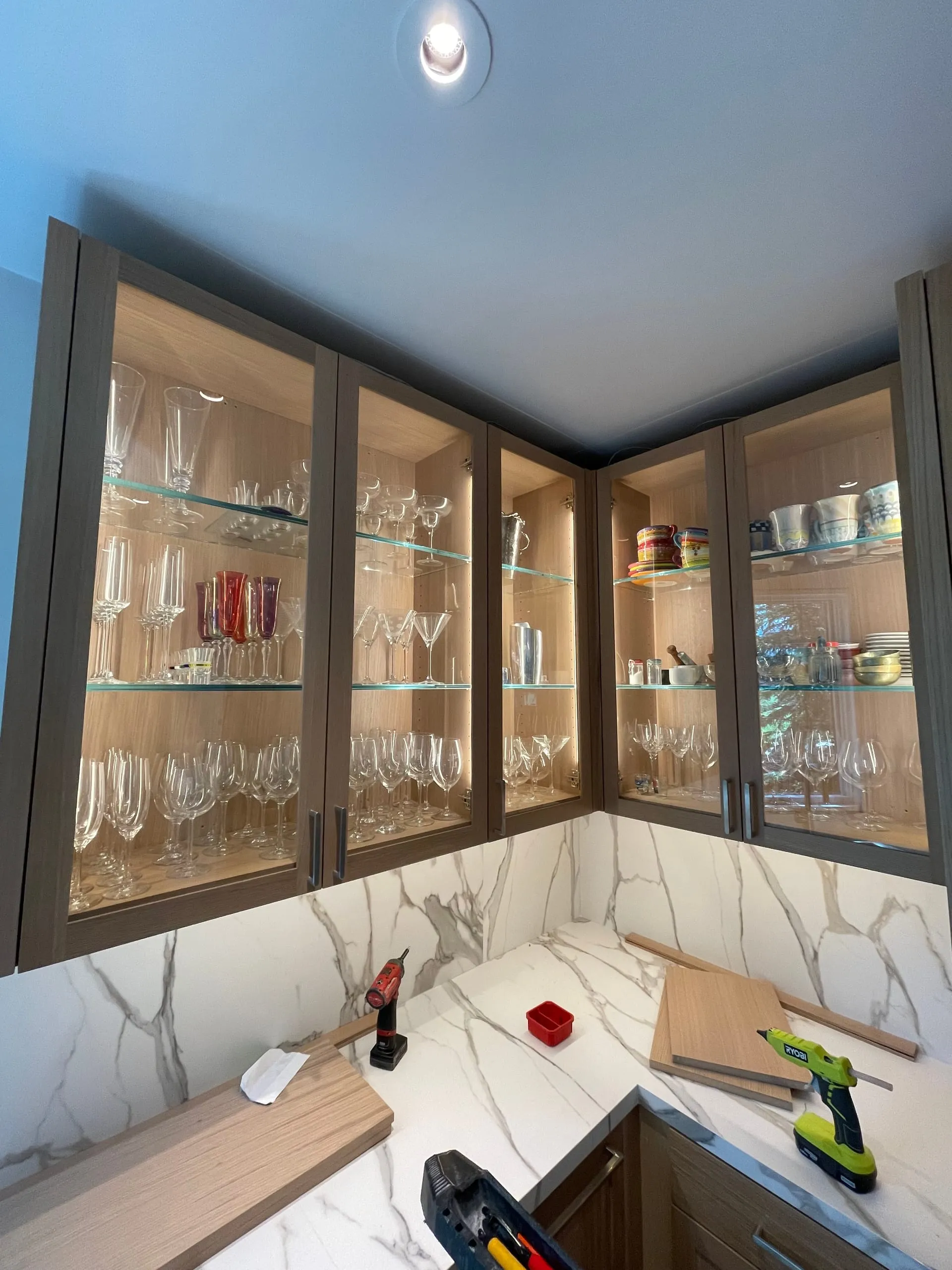 Butler pantry glass cabinet lights