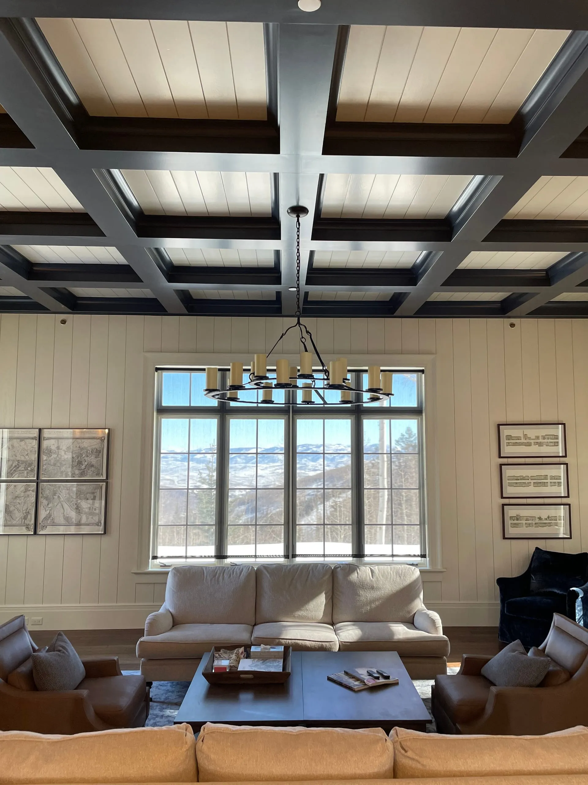 Coffered ceiling mountain view chandelier