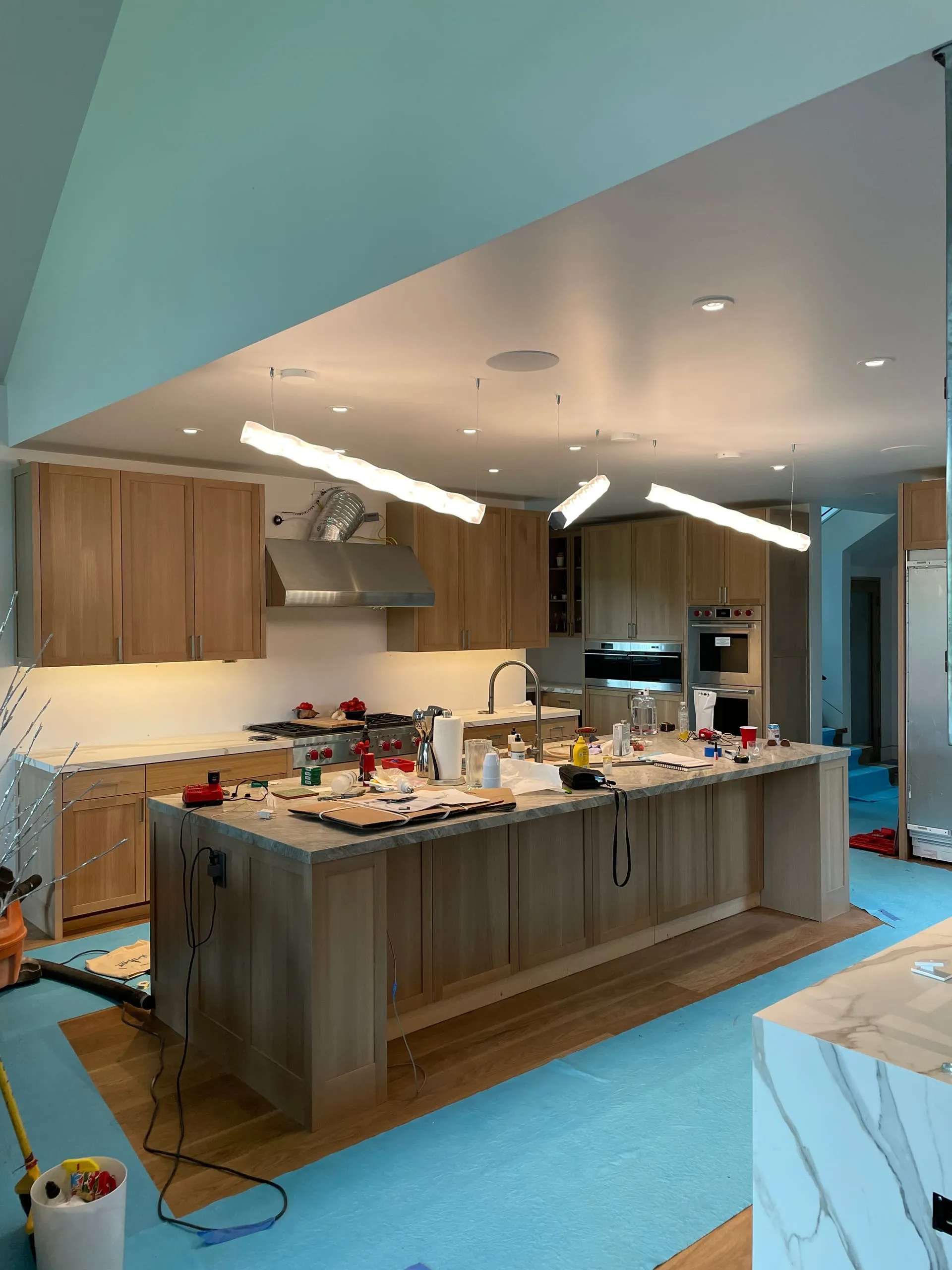 Kitchen linear pendants vaulted