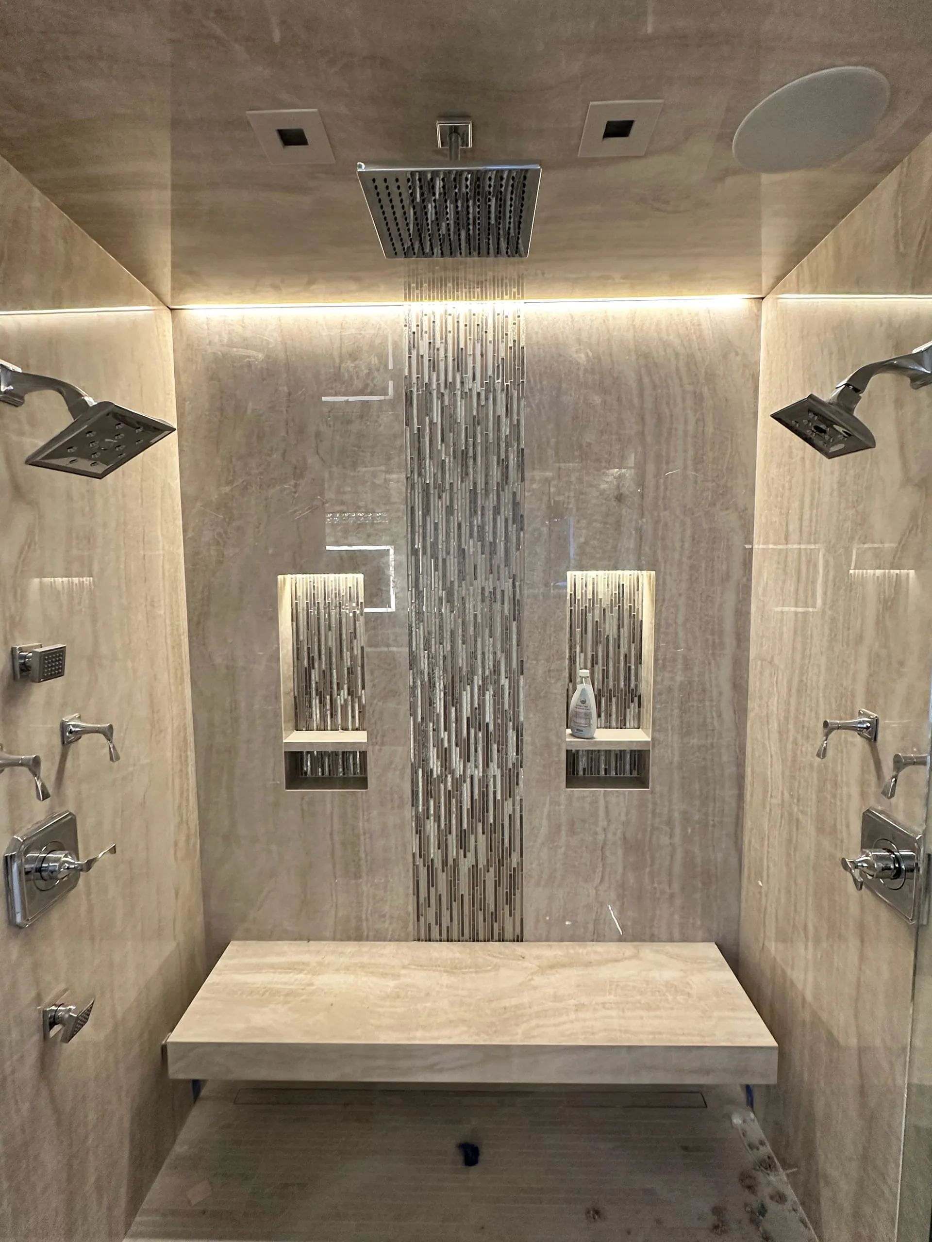 Steam shower rain head LED accents
